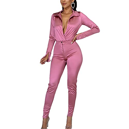 Women s Silk Satin Business Suit Office Lady Two Piece Long Sleeve Bodysuit High Waist Bodycon Pants Matching Sets Pink