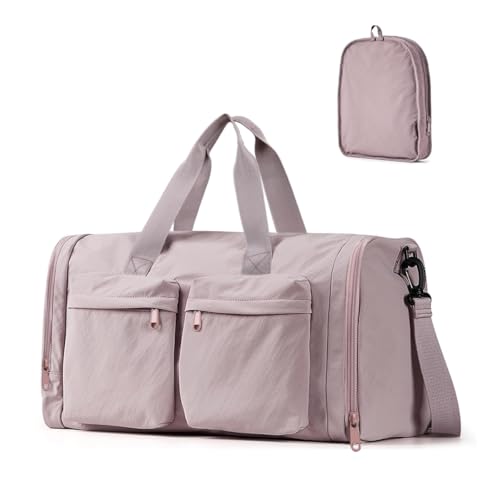 Image of PALAY Gym Bag for Women Light Pink Foldable Nylon Travel Duffel Bag with Shoes Compartment Lightweight Water Resistant Overnight Weekend Bags for Sports and Travel