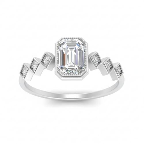 Image of Choose Your Gemstone Bezel Set Emerald Accented Diamond CZ Ring Rose Gold Plated Emerald Shape Side Stone Engagement Rings for Women, Girls and Ladies US Size 4 to 12