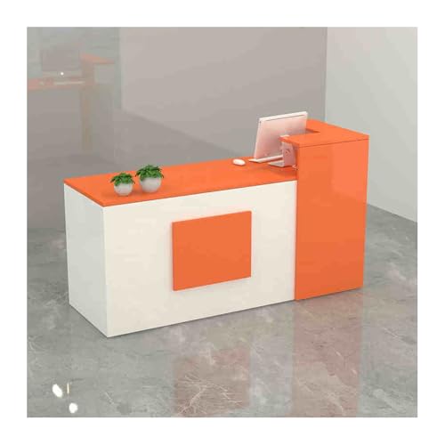 Moderno mostrador de recepción con cajón con cerradura, elegante mesa frontal para cajeros y tiendas de ropa para mujeres, acabado blanco y naranja, configuración izquierda de 140 cm.