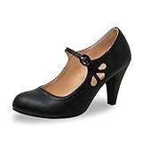 Chase & Chloe Kimmy-21 Women's Round Toe Pierced Mid Heel Mary Jane Style Dress Pumps KIMMY-21C Black Pu 10