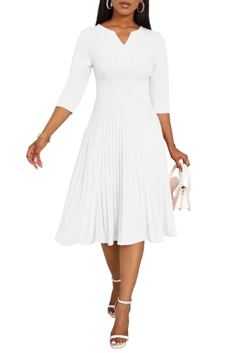 CLOCOR Midi Dresses for Women Casual Wrap Flared Pleated Dress A Line 3/4 Sleeve V Neck Church Cocktail Wedding Guest Dress3