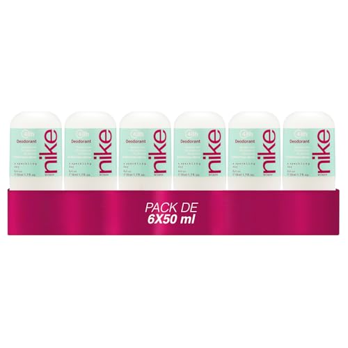 NIKE - A Sparkling Day Pack de 6 x 50 ml, Desodorante Mujer Roll-On, Desodorante Antimanchas para Piel Sensible, 0% Alcohol y 0% Sales de Aluminio, Larga Duración, Fragancia Floral Oriental