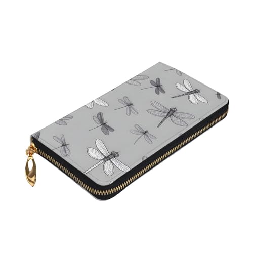 Dragonflies Grey Prints Leather Long Clutch Wallet for Fashionable Girls and Women - Durable, Stylish, and Functional, Black, One Size3