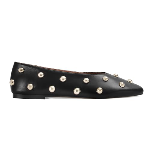 MAIJED Studded Flats for Women Square Toe Slip On Ballet Flats Casual Comfotable Walking Ballerina Shoes Black US8
