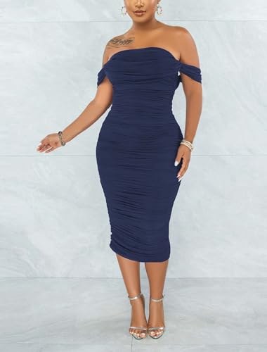 Image of Fooullaide Women's Sexy Off Shoulder Sleeveless Bodycon Ruched Midi Dress | Stretchy, Breathable, Mesh, Not See-Through, Elegant,Formal Gown, Cocktail, Evening, Party, Night Out Tube Dresses