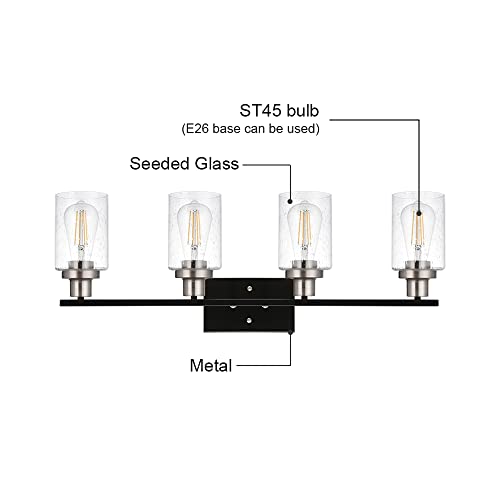 Melucee Farmhouse Bathroom Light Fixtures 4-Light With Brushed Nickel Finish Socket, Black Vanity Lighting Wall Mount Lamp With Seeded Glass Shade, Suit For Powder Room Bedroom Kitchen #TOP7