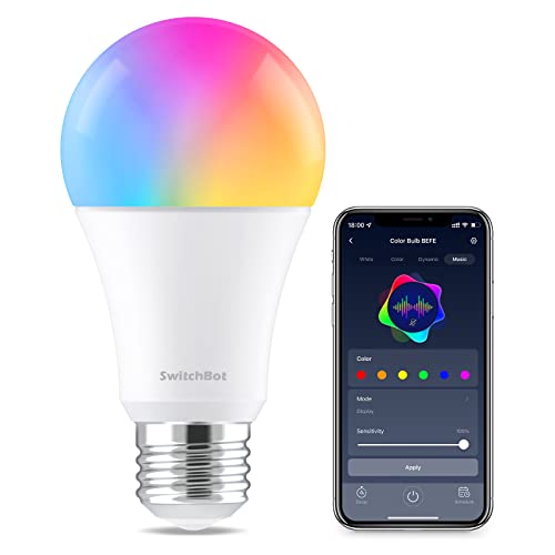 SwitchBot Ampoule Led Couleur E27, WiFi Ampoule Connectée Alexa Google Home, APP/Vocal/Télécommande Contrôle, Ampoule Led RGB avec 16 Millions Couleurs, Mode Musique et Fonction Mémoire (10W)