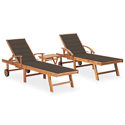 Mokuyary Tumbonas de 2 piezas con mesa y cojines de madera maciza de teca, tumbona de playa para jardín, balcón, terraza, camping, playa, piscina