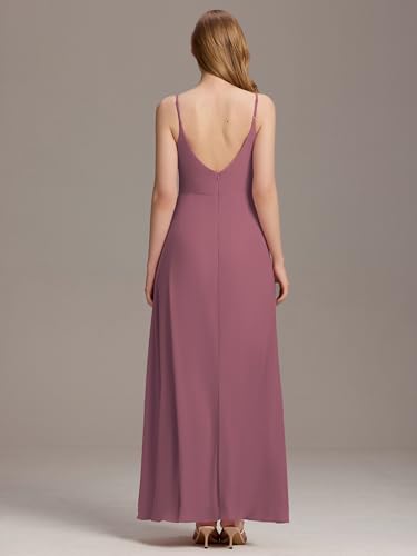 Image of Ever-Pretty Women's Summer Backless Spaghetti Straps Bridesmaid Dresses Chiffon V-Neck Slit Long Formal Wedding Guest Dress