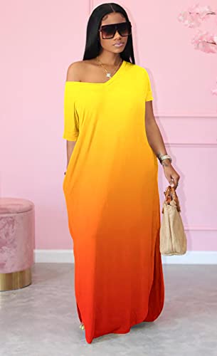 Image of Women Summer V Neck Loose Side Split Maxi Dresses with Pocket