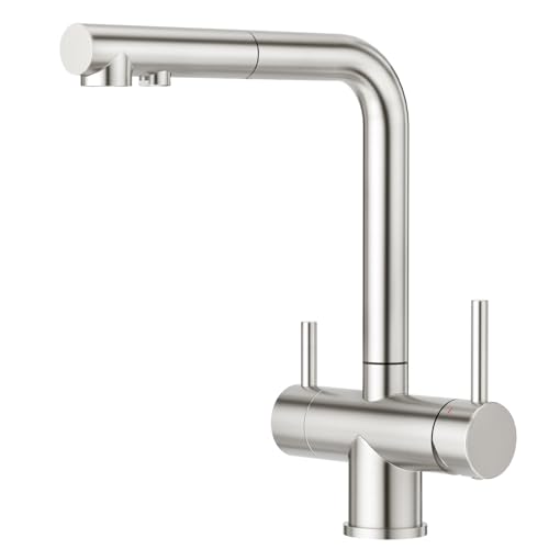 CREA Grifo de Cocina 3 Vías Ósmosis con Ducha Extraible,Grifo Monomando con 2 Palancas,360° Grifo De Cocina Para Filtro De Agua,Acero Inoxidable Cepillado