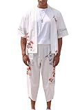 OLEMEK Men's Japanese Kimono Jacket Set Stylish Printed Open Front Cardigan Chinese Style Coat with Shorts Loose Fit Casual Suits White M