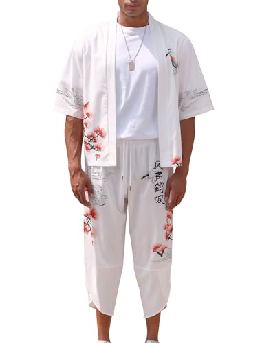 Men's Japanese Kimono Set Chinese Style Printed Open Front Cardigan and Pants Stylish Loose Casual Coat Suits