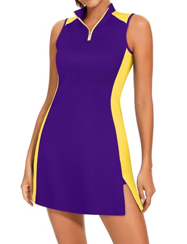 Viracy Tennis Dress for Women Workout Dresses Athletic Dress with Built in Shorts, Pockets Sleeveless Slimming Golf Dresses Zip Up Stand Collar Lightweight Side Slit, Purple and Yellow, Small
