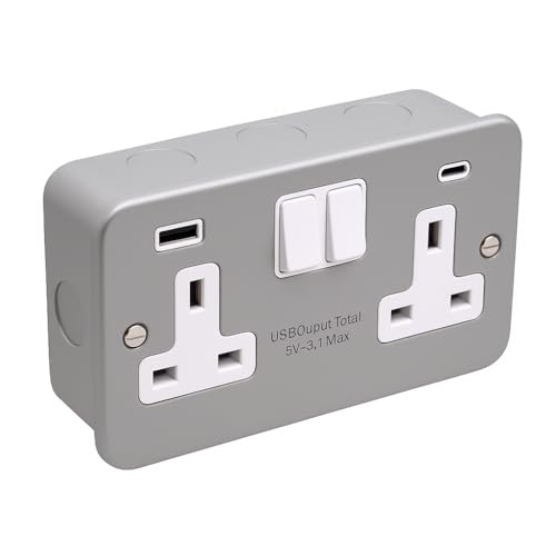 SHPELEC® Metal Clad 2 Gang 13A Switched Socket with USB A & C Ports – Heavy Duty Double Socket – Industrial Grade – Steel Clad – UK Standard (USB Type (A & C), 1 Pack)