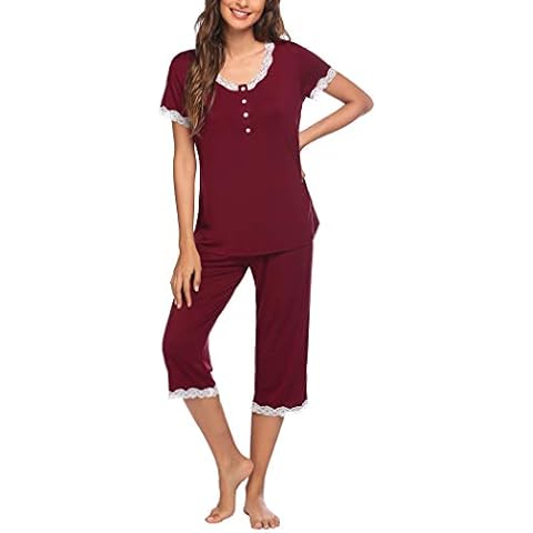 Ekouaer Womens Pyjama Sets V-Neck Soft Loungewear Summer Pjs Set Cotton Short Sleeve Sleepwear Wine Red Cover