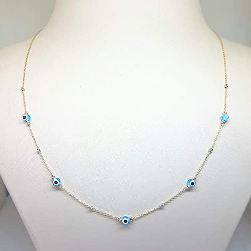 Cleopatra Gold&Silver 14K Real Solid Gold Lucky Blue Beaded Evil Eye And Italian Balls Dainty Charm Pendant Necklace For Women thumb #2