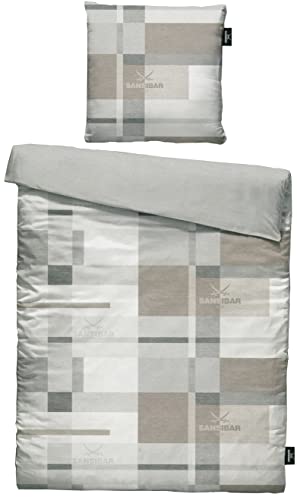 Sansibar Juego de ropa de cama reversible de satén, 2 piezas, funda nórdica de 135 x 200 cm y funda de almohada de 80 x 80 cm, diseño de cuadros gris/topo Cover
