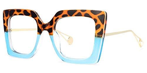 Image of Zeelool Chic Oversized Thick Square Blue Light Blocking Glasses for Women Qatar ZOP01892-06 Tortoise /Blue