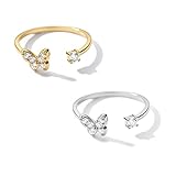 2Pcs Butterfly Rings for Women Gold Silver Butterfly Ring Adjustable CZ Butterfly Jewelry for Teen Girls and Girlfriend Anniversary Birthday Gift (A：2pcs CZ butterfly)