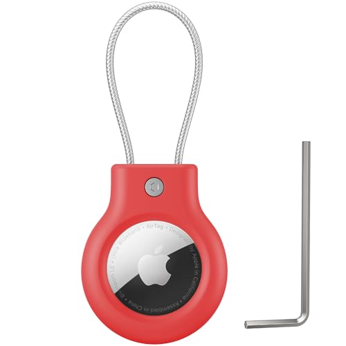 Image of Meliya at Holder for Apple at Secure Holder with Wire Cable, 4 Pack Air Tag Lock Case Keychain Key Ring Key Chain Luggage Tag for Keys, Luggage & More - Red
