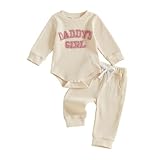 allshope Newborn Baby Girl Fall Outfit Romper Long Sleeve Daddy Girl Embroidery Jumpsuit Bodysuit Pants Infant Waffle Clothes (Color Beige, 0-3 Months)