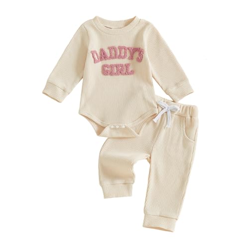 Image of allshope Newborn Baby Girl Fall Outfit Romper Long Sleeve Daddy Girl Embroidery Jumpsuit Bodysuit Pants Infant Waffle Clothes