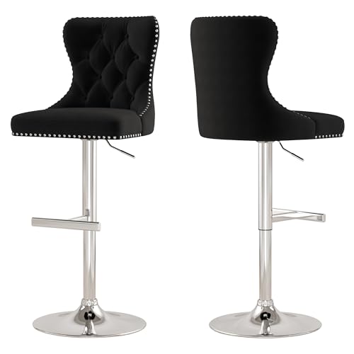 GOOLON Bar Stools Set of 2, Velvet Swivel Counter Height Stools with Tufted Back, Adjustable Seat with Nailheads Trim, Upholstered Bar Chairs with Steel Base for Kitchen Island, Pub, Black