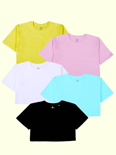 Image of KiddoPanti Girls 100% Cotton Solid Drop Shoulder Half Sleeve Round Neck Crop Tee