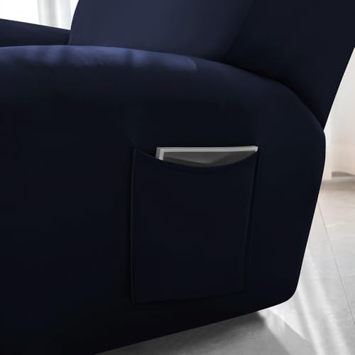 Image of HOKIPO 'SereneSolids' 140 GSM 4-Pieces Elastic Stretchable Recliner Sofa Cover 1 Seater Fully Covered Soft Washable Sofa Slipcovers Furniture Protector, Navy Blue (AR-4740-NBLU)