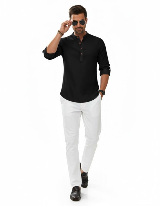 Image of Macsivo Men's Cotton Blend Solid Short Kurta with Regular Lenth Mandarin Neck Full Sleeves and roll-up tab| Kurta Style Shirt for Men