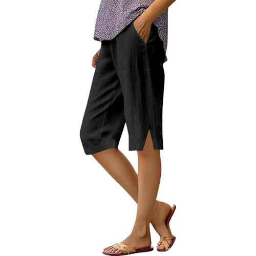 Capri Pants for Women Linen Bermuda Shorts Knee Length 2025 Summer Cropped Casual Palazzo Lightweight Beach Pant with Pockets