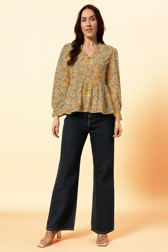 Image of THE DRY STATE Women's Rayon Casual Puff Sleeves Printed Multicolor Crop Top (S, Autumn Glory)