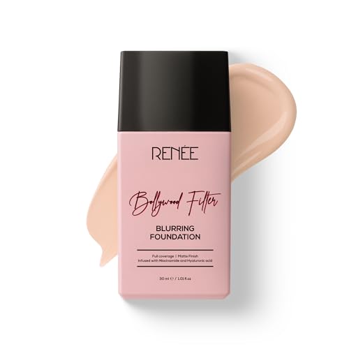 Image of RENEE Bollywood Filter Blurring Liquid Foundation - Biscoff Blur | Full Coverage, Matte Finish | Blurs Pores & Blemishes | Hydrates & Evens Skin Tone | with Niacinamide & Hyaluronic Acid | 30ml