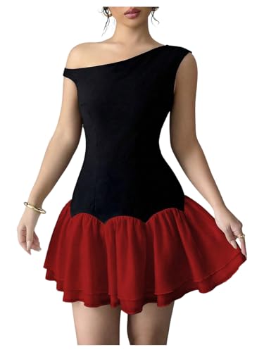 Image of Verdusa Women's Color Block Ruffle Off Shoulder Dress Drop Waist Layered Mesh Mini Dress