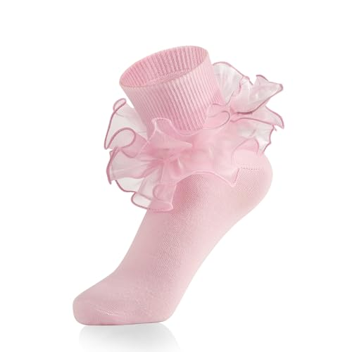Komorebi Women Big Ruffle Ankle Pink Socks Adult Double Lace Frilly Socks Fold Cuff Cotton Dress Bobby Pink1 Pack One Size