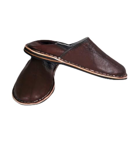 Babouche berbère artisanale en Cuir pour homme et femme Bout rond couleur noir marron bleu interieur exterieur Fait au maroc (Marron, Système Taille...