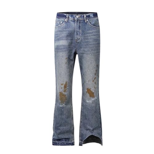 Men's Irregular Feet Hole Ripped Distressed Jeans, High Street Washed Frayed, Casual Baggy Denim