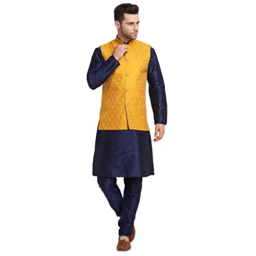 Image of KRAFT INDIA Mens Gold Silk Blend Kurta and Churidar Set With Jacquard Paisley Nehru Jacket