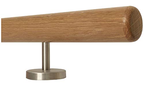 Pasamanos de madera de roble para escaleras, pasamanos rectos, soporte de acero inoxidable, longitud 30  500 cm de una pieza, por ejemplo, longitud 200 cm, con 3 soportes rectos, extremos = fresados