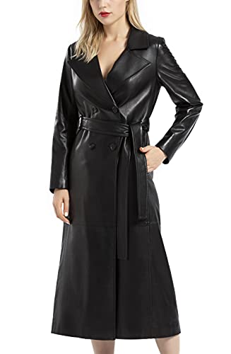 Women's Lambskin Leather Long Trench Coat Black Double Breasted Genuine Leather Coat with Belt SmartUniverseWear3