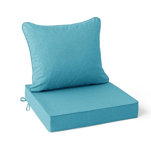 Image of Summsun Faux Linen Outdoor Chair Cushions, Water Resistant Backrest and Deep Seat Cushion Set with Removable Cover, Straps, Non-Slip Bottom for Patio Furniture, 22 x 22 Inch, Teal