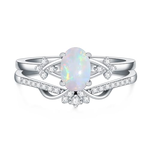 1CT Opal Rings for Women 925 Sterling Silver Oval Opal Engagement Ring Bridal Set with Cubic Zirconia Wedding Promise Ring Jewelry Gift for Her