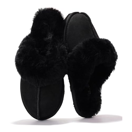 Image of Project Cloud Genuine Leather Slippers for Women with Genuine Fur Lining, Non-Slip Indoor /Outdoor Clog Mule Slippers, Memory Foam Insole