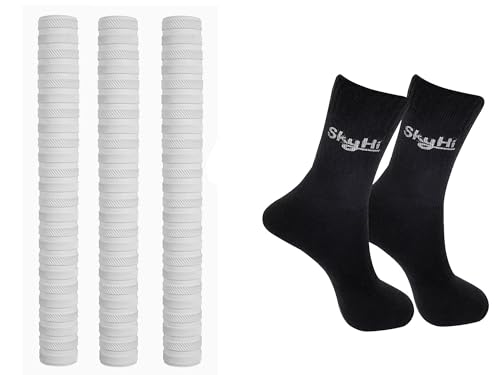 Skyhi Cricket Bat Grip with Pure Cotton Adult Cricket Socks (Black)