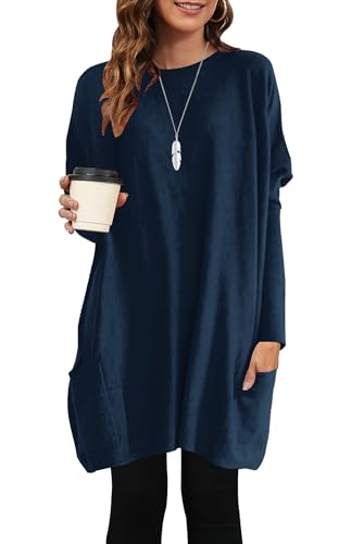 AUSELILY Longpullover für Damen Langarmshirt Lang Oversized Rundhalsausschnitt T-Shirts Sweashirt Tunika Damen Pulli Long-Shirt Kleid mit Taschen...