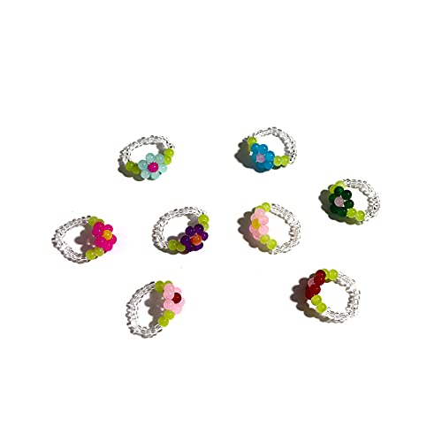 8pcs Boho Handmade Beaded Daisy Flower Rings Set Cute Vintage Colorful Transparent Glass Beads Aesthetic Stretch Finger Rings for Women Girls Holiday Bohemian Jewelry