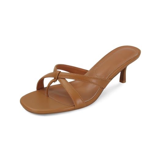 Image of Dsevht Gold Kitten Heel Sandals for Women Flip Flop Strappy Mule heels Rounded Open Toe Heeled Thong Sandals Women