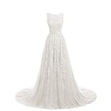 Damen Abendkleid Ballkleid Lang Spitzenkleid Brautkleid A-Linie Ärmellos Hochzeit Festkleider Elfenbein 42